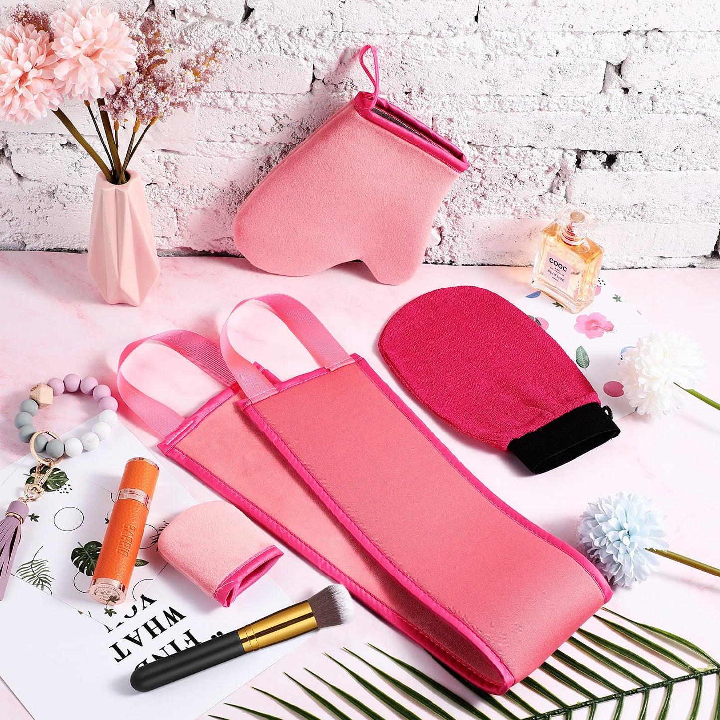 Boao 5 Pieces Self Tanning Mitt Applicator Kit, Includes Tanning Mitt, Exfoliating Glove, Mini Face Glove, Back Lotion Applicator, and Large Brush Makeup(Pink)