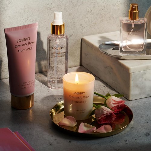 Damask Rose Romance Spa Kit - Luxurious Self-Care Gift Set for Women | Includes Soy Candle, Perfume Roll-On, Body Lotion & Mist