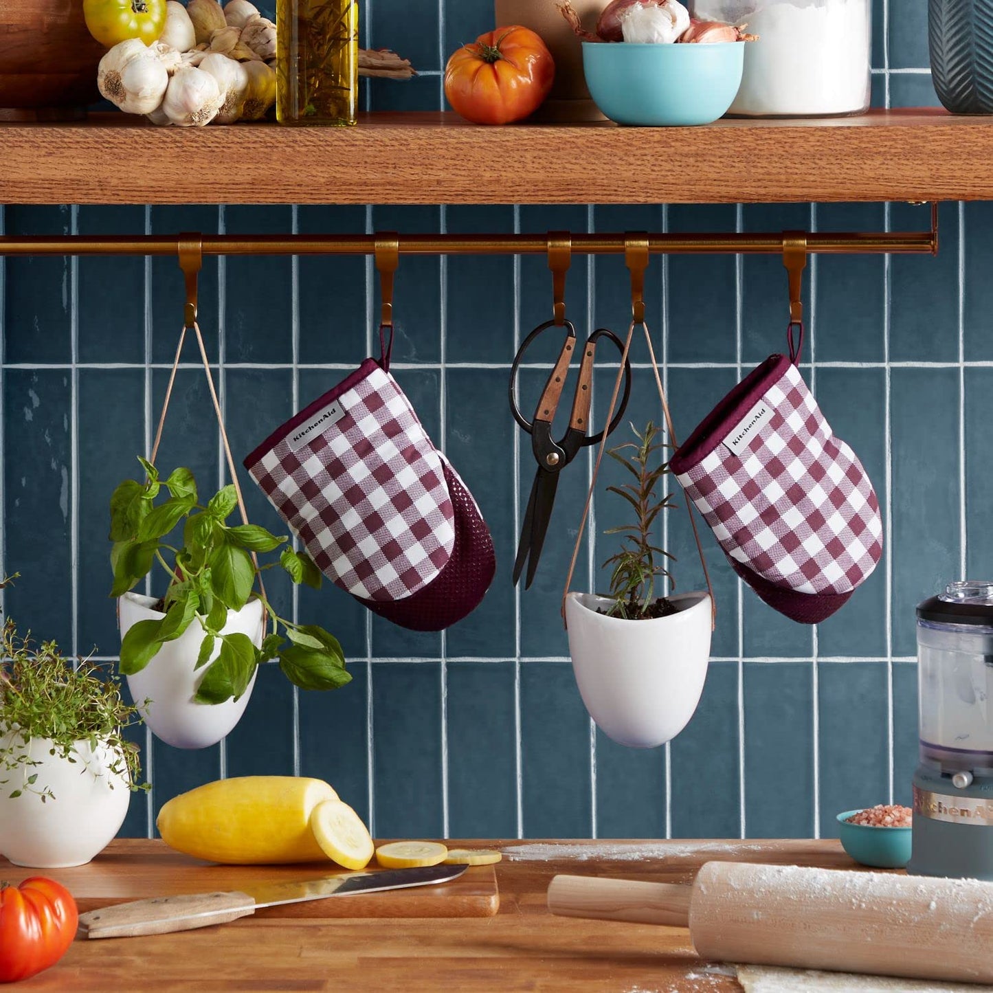 KitchenAid Gingham Mini Oven Mitt 2-Pack Set, Blue Velvet, 5.5"x8"