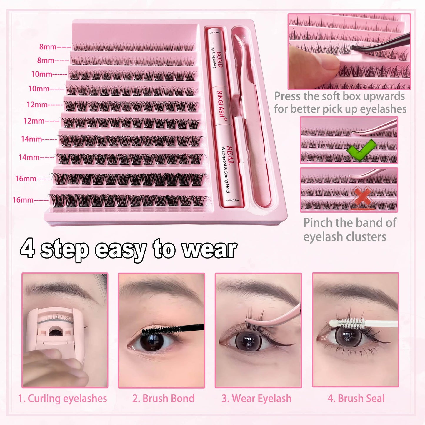 Lash Extension Kit 120 Pcs Lash Clusters with 7 Days Long Lasting Bond and Seal 8-16mm D Curl Wispy Eyelash Extension Kit at Home Lash Tweezers for Lash Clusters