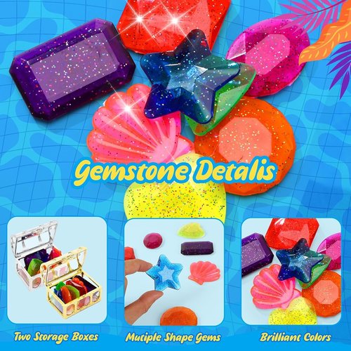 MARFOREVER 18 Pcs Diving Gem Pool Toys - Colorful Underwater Crystals with Treasure Chests for Summer Fun