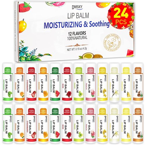DMSKY Lip Balm Bulk - Moisturizing Coconut Oil & Vitamin E for Dry Lips | 24 Pack with 12 Flavors