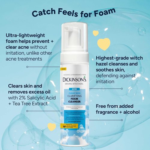 Dickinson’s Witch Hazel Acne Foam Cleanser - 2% Salicylic Acid & Niacinamide | Alcohol-Free, Gentle Daily Face Wash | 7 Fl Oz