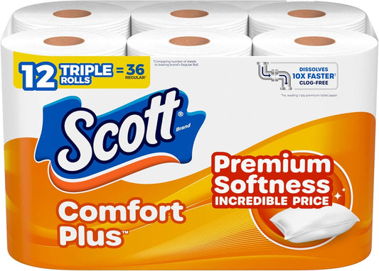 Scott ComfortPlus Toilet Paper - 12 Triple Rolls | 231 Sheets Each - Septic-Safe, 1-Ply Softness