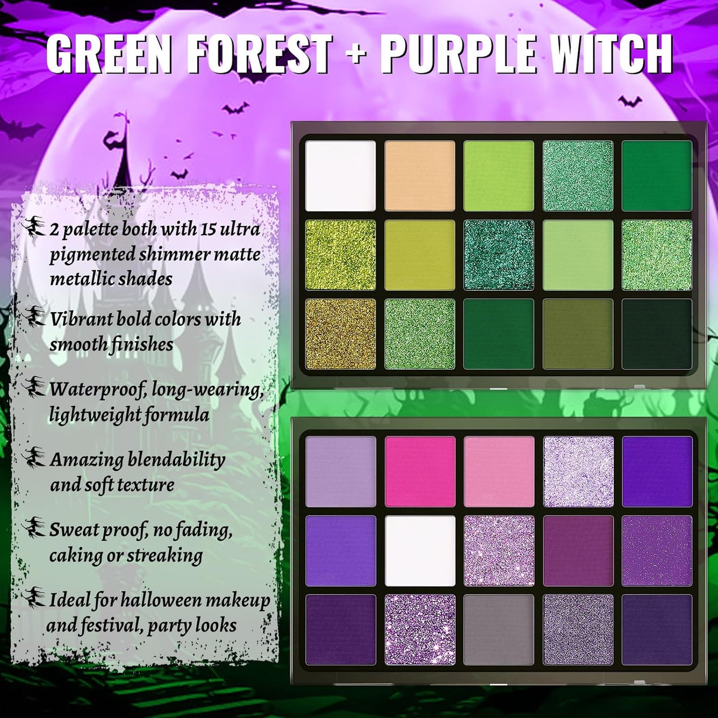 UCANBE Eyeshadow Palette Set - 2pcs Green & Purple Shimmer Matte Metallic Colors | Includes Soft Brush for Halloween Cosplay