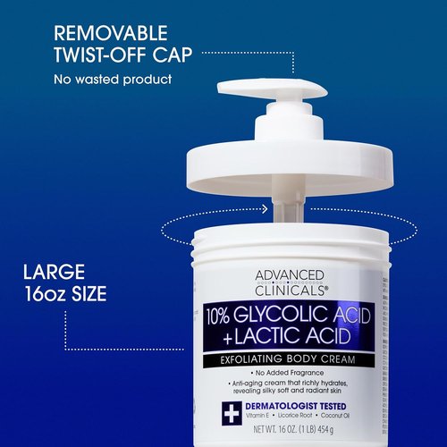 Advanced Clinicals 10% Glycolic Acid Lotion - Exfoliating Moisturizer With Hyaluronic Acid | 16 Oz AHA Cream for Smooth, Even Skin