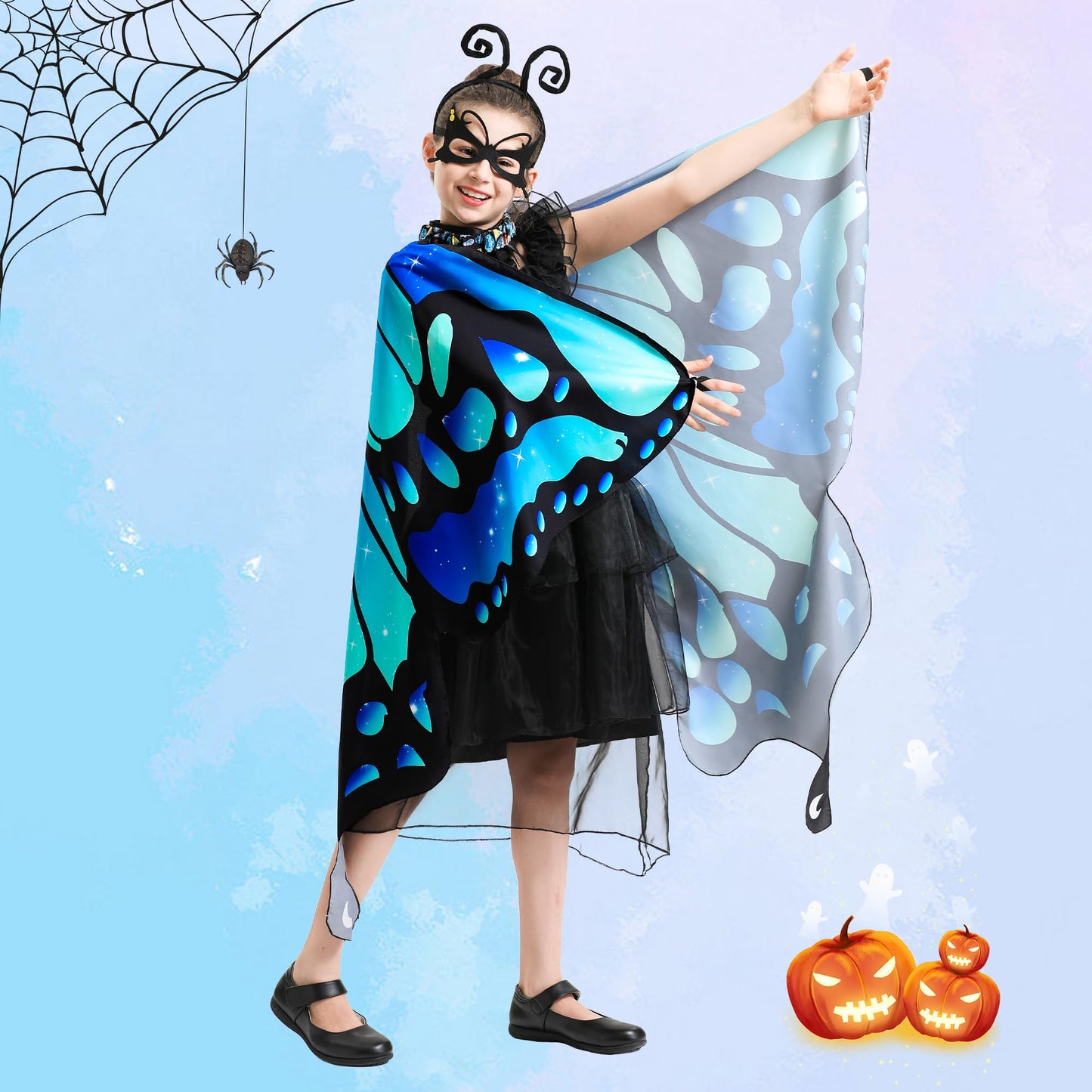 Tibeha Butterfly Costume for Women Girls - Halloween Cape Kid Adult Wings with Mask and Antenna Headband