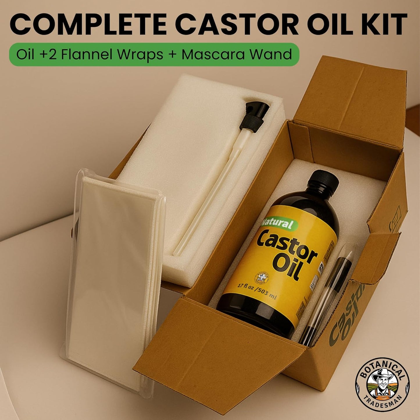 Skiennix Organic Castor Oil Kit - 100% Pure Cold Pressed, Hexane Free | 17oz Glass Bottle with 2 Reusable Cotton Flannel Wraps & Mascara Wand for Eyelashes, Eyebrows, Skin Care