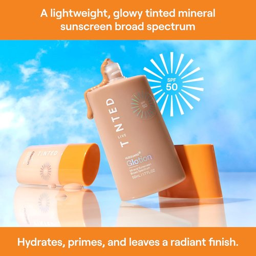 Live Tinted Hueguard Glotion SPF 50 | Lightweight Mineral Tinted Sunscreen - Fragrance-Free, Vegan - Light Medium 0.5 FL Oz