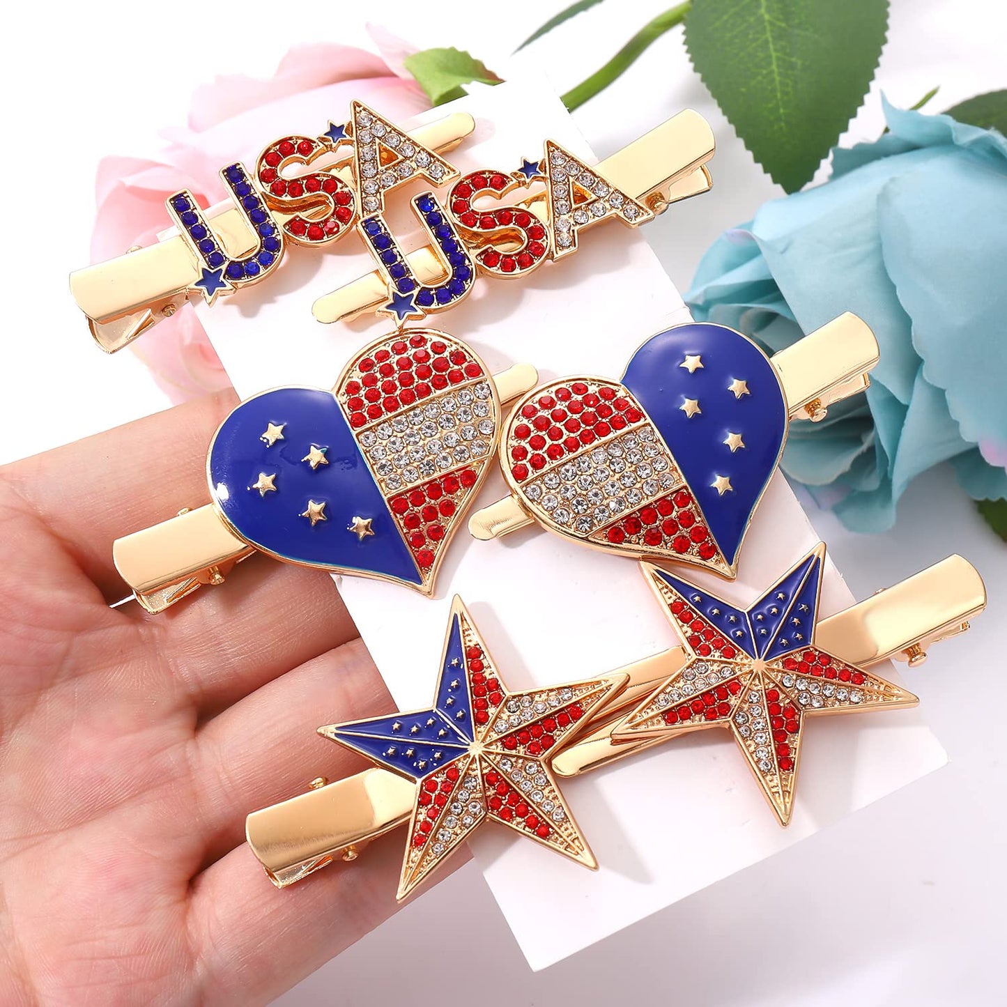 3 Pairs American Flag Hair Clips 4th of July Patriotic Hairpins for Women Rhinestone Enamel Heart Star Hair Barrettes Independence Day Hair Accessory Gifts (3 Pairs Rhinestone)