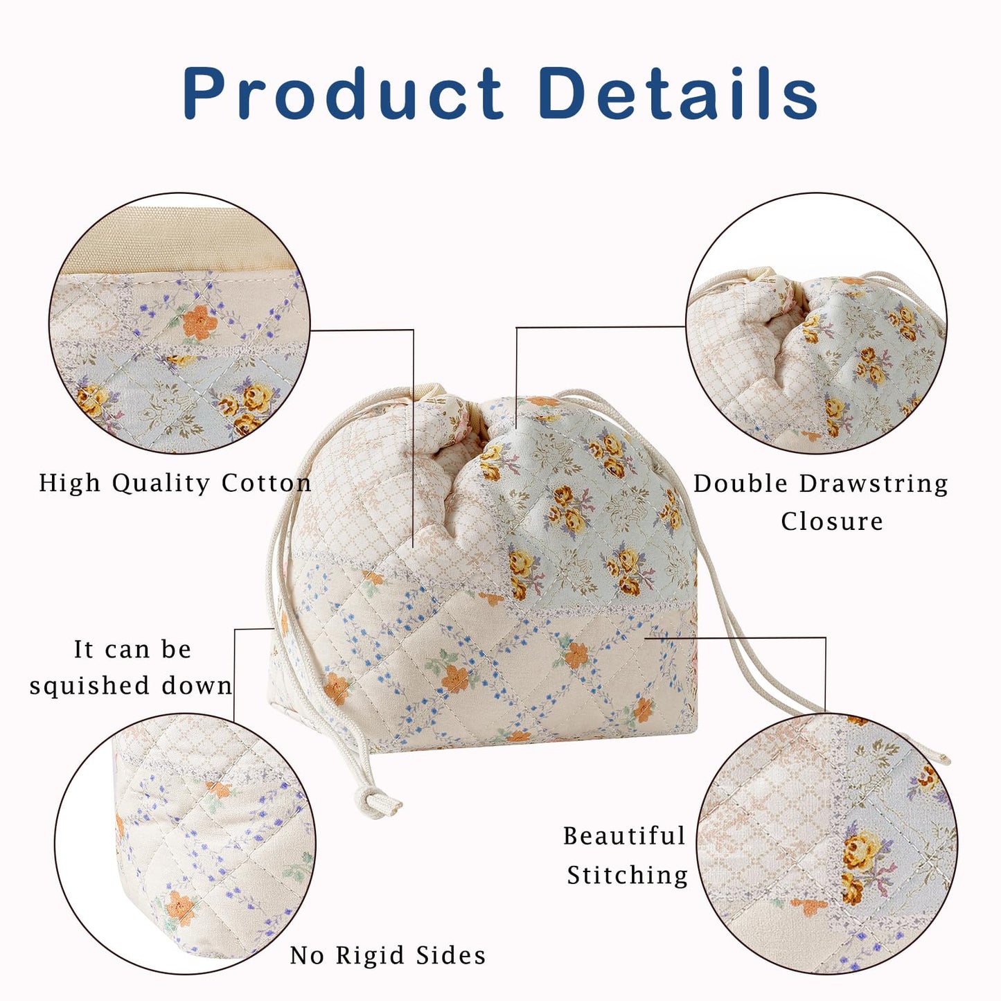 Cotton Quilted Drawstring Makeup Bag with Canvas Lining,Coquette Aesthetic Cute Travel Toiletry Bag,Drawstring Gift Bag for Women and Girls（08Pink Flower）