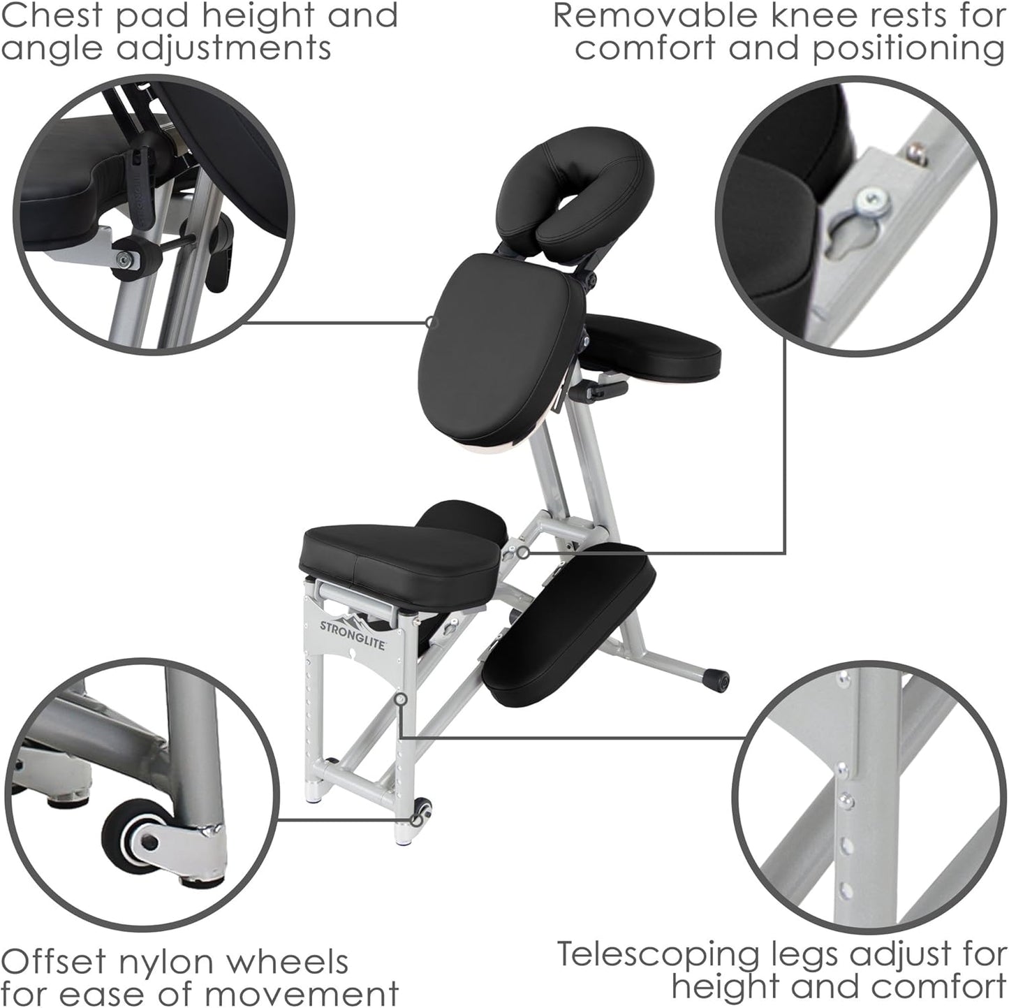 STRONGLITE Portable Massage Chair Ergo Pro II - Ultra-Strong, Lightweight & Foldable Spa Chair with Wheels, Black (600lbs Capacity)