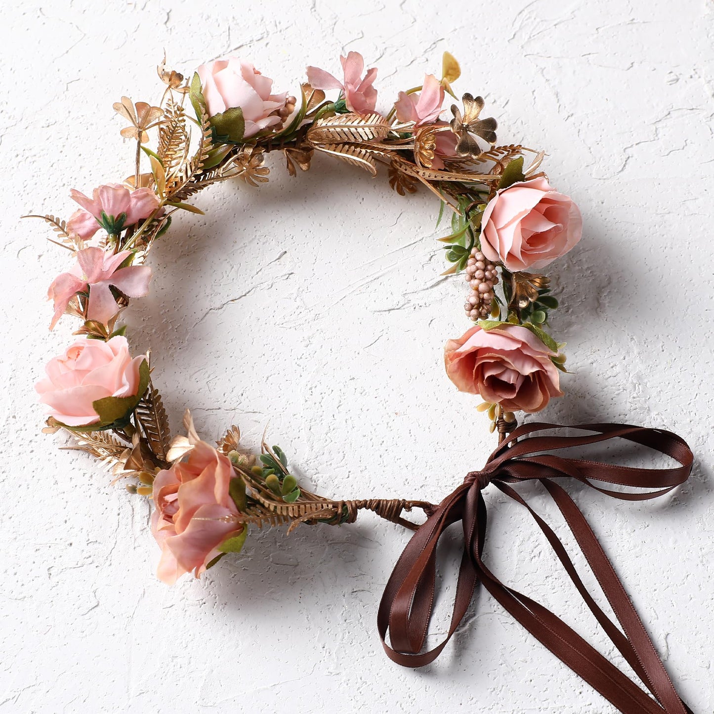 KorViSHOW Flower Crown Women Girls - Golden Leaves Cinnamon Pink Flower Headband Lovely Sweet Hair Wreath for Bridal Maternity Wedding Party Trip Photo Prop