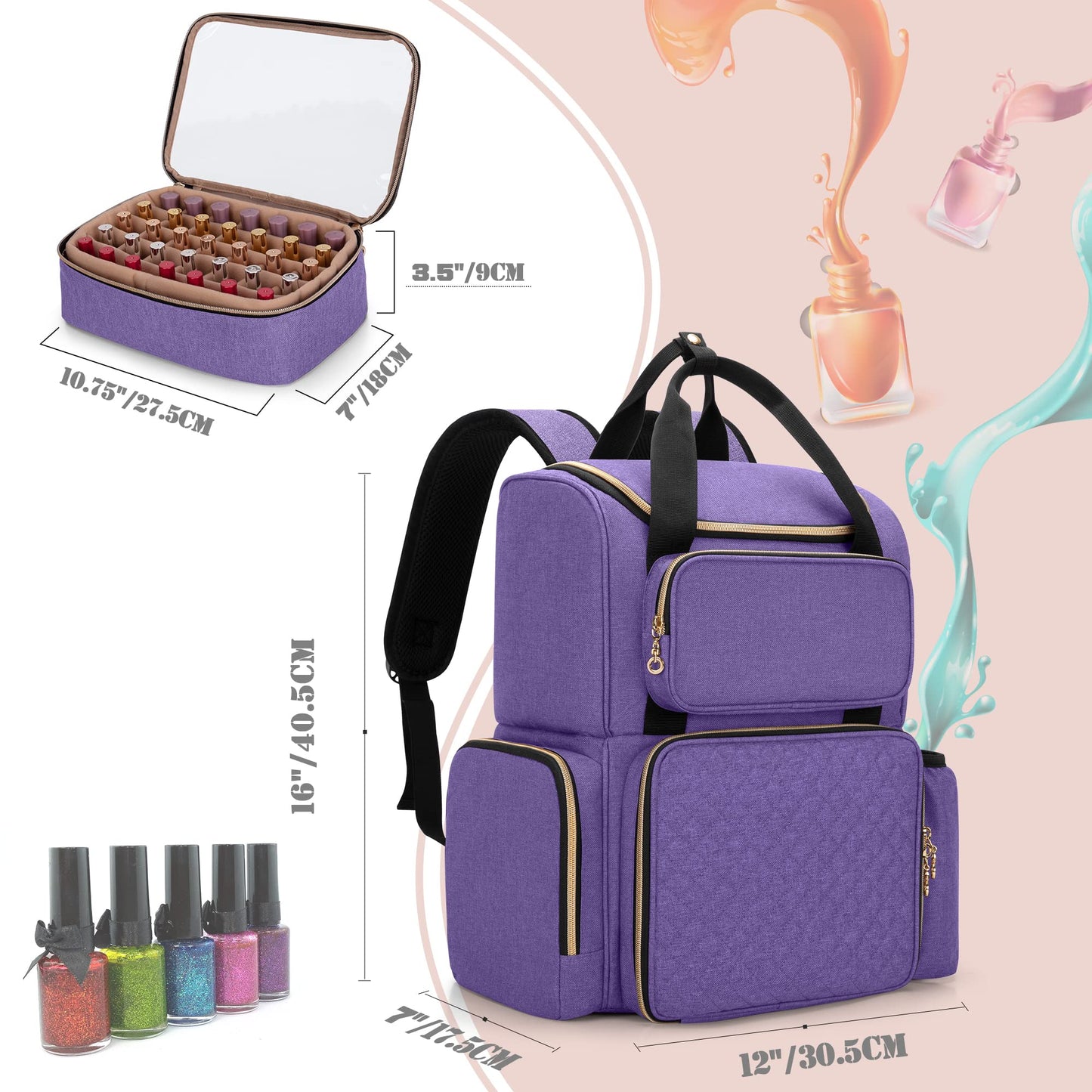 LUXJA Nail Polish Organizer - Backpack Version Holds 70 Bottles and a Nail Lamp, Travel Bag with 2 Removable Cases and Tools Storage Pockets (Patent Pending), Purple