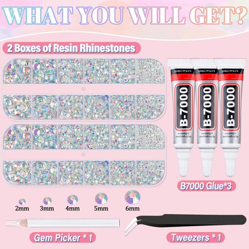 Resin Rhinestones for Crafting with 3Pcs 10ml B7000 Jewelry Glue, 2 Boxes Transparent AB Flatback Gems Crystals Diamond for Bedazzling Crafts DIY Nail Art Makeup,Gems for Clothing Tumblers Shoes