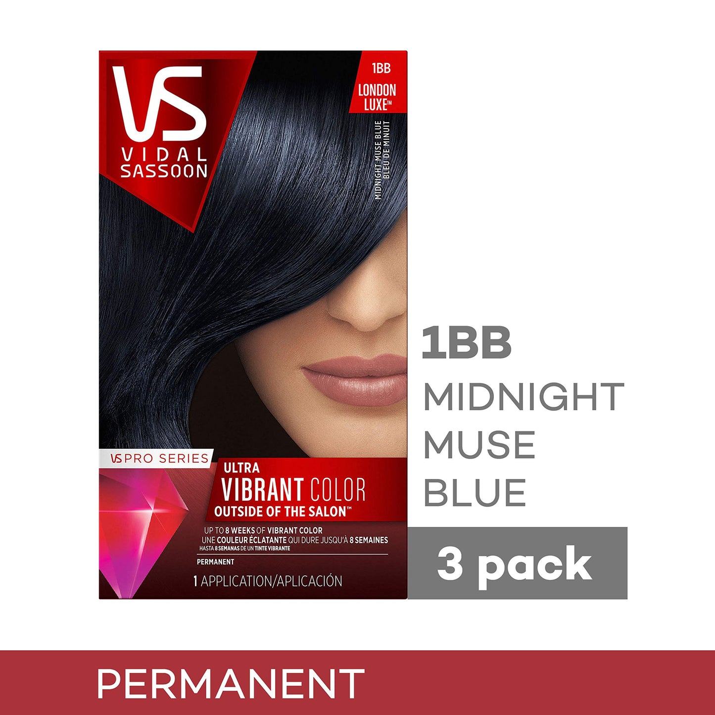 Vidal Sassoon Pro Series Permanent Hair Dye, 1BB Midnight Muse Blue Hair Color, Pack of 3