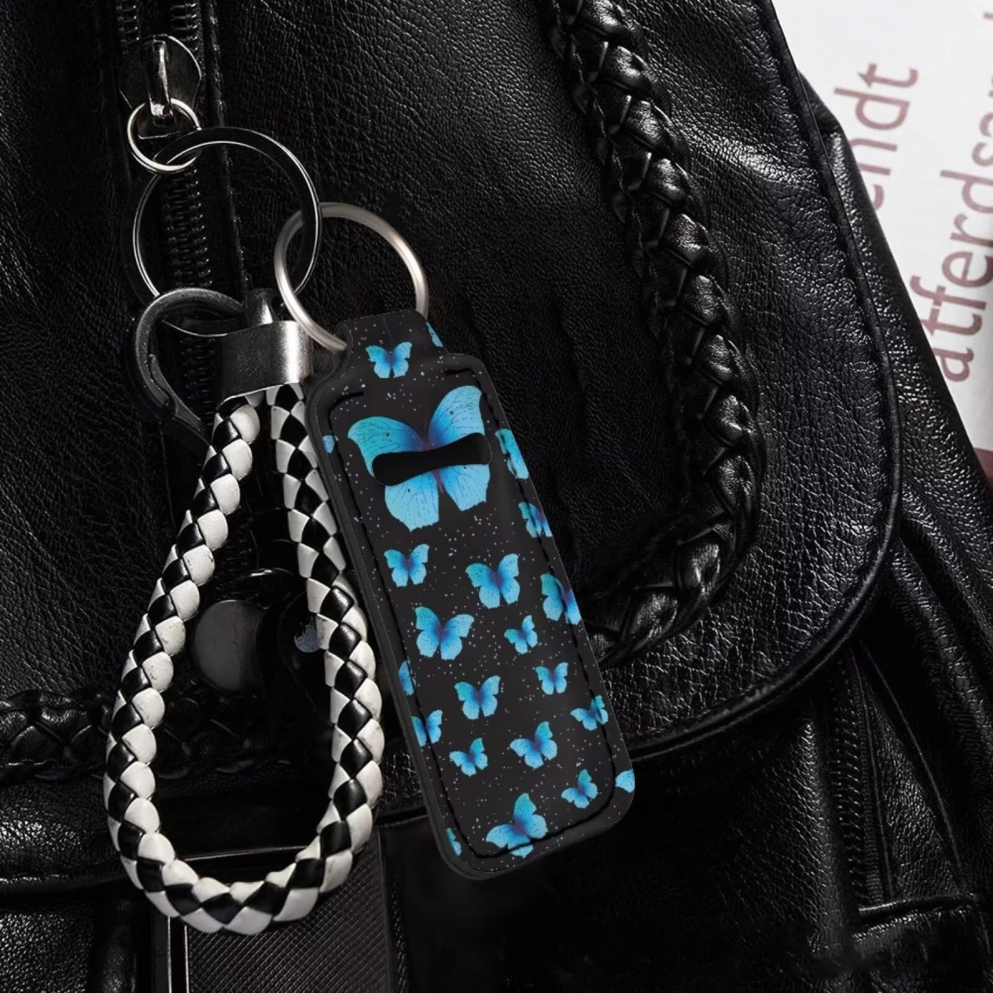 SEANATIVE Blue Butterfly Lipstick Keychain Holder for Women elegant Chapstick Sleeve Key Chain Durable Lip Gloss Holder Protective Case