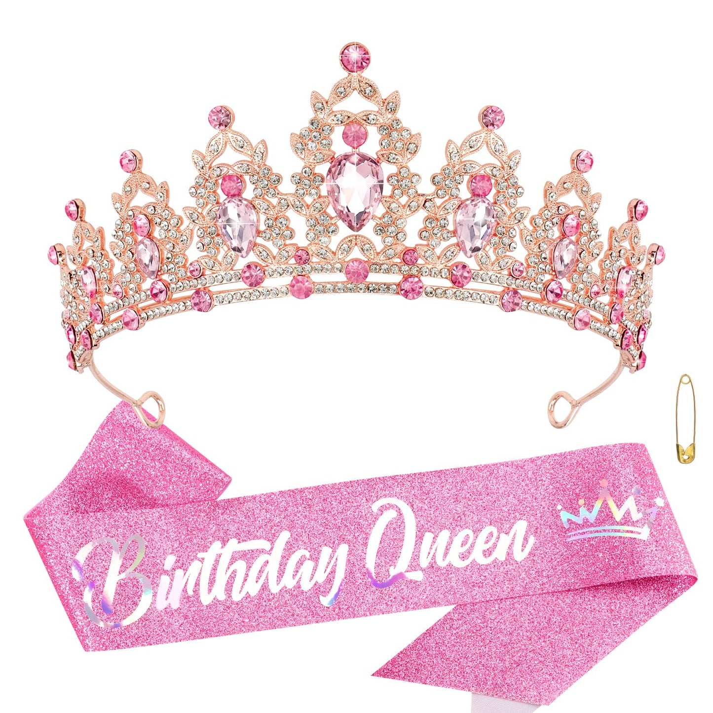 Atoden Pink Birthday Crown and Birthday Queen Sash Birthday Girls Tiara Crystal Crown for Women Princess Birthday Party Decorations Rhinestone Birthday Headband Happy Birthday Accessories for Party Gifts