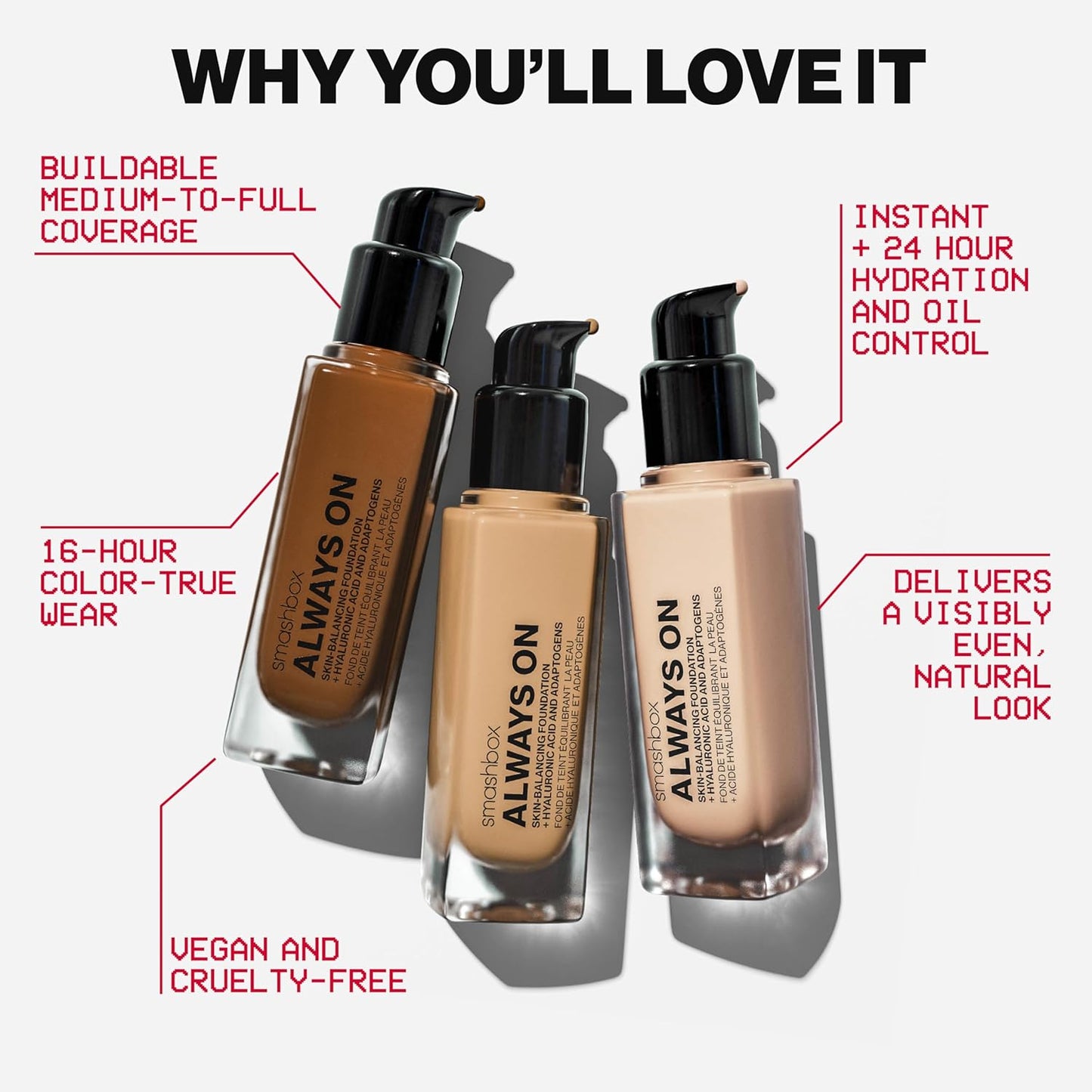 Smashbox Always On Skin-Balancing Foundation - Medium-To-Full Coverage with Hyaluronic Acid, 1 Fl Oz