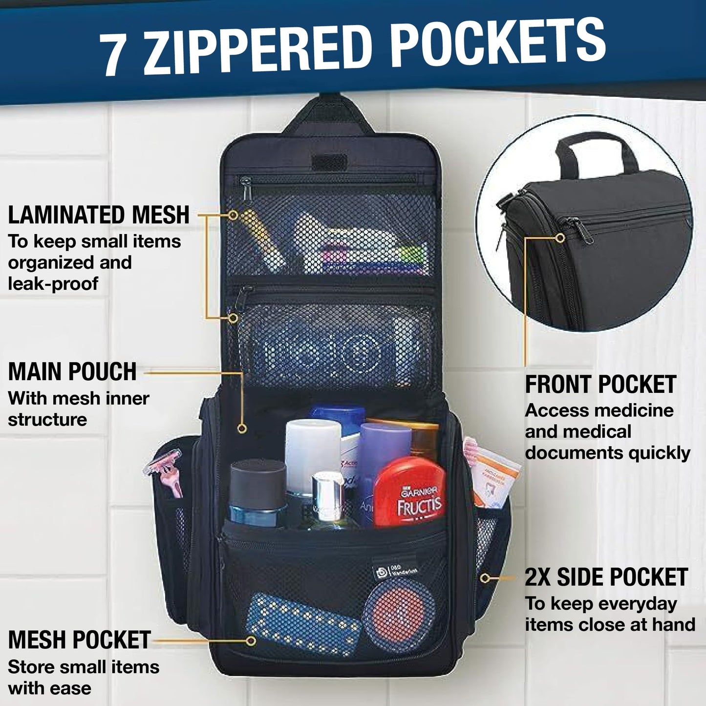 D&D Hanging Travel Toiletry Bag for Men and Women – Cosmetics, Makeup and Toiletries Organizer Kit with 10 Compartments, XXL Metal Swivel Hook, Water-Resistant Nylon