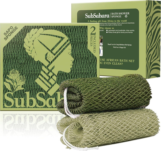 SubSahara Authentic African Net Sponge - 2 Pack Exfoliating Loofah for Body & Face, Gentle Scrubber, Durable Polyester (Olive Green & Light Green)