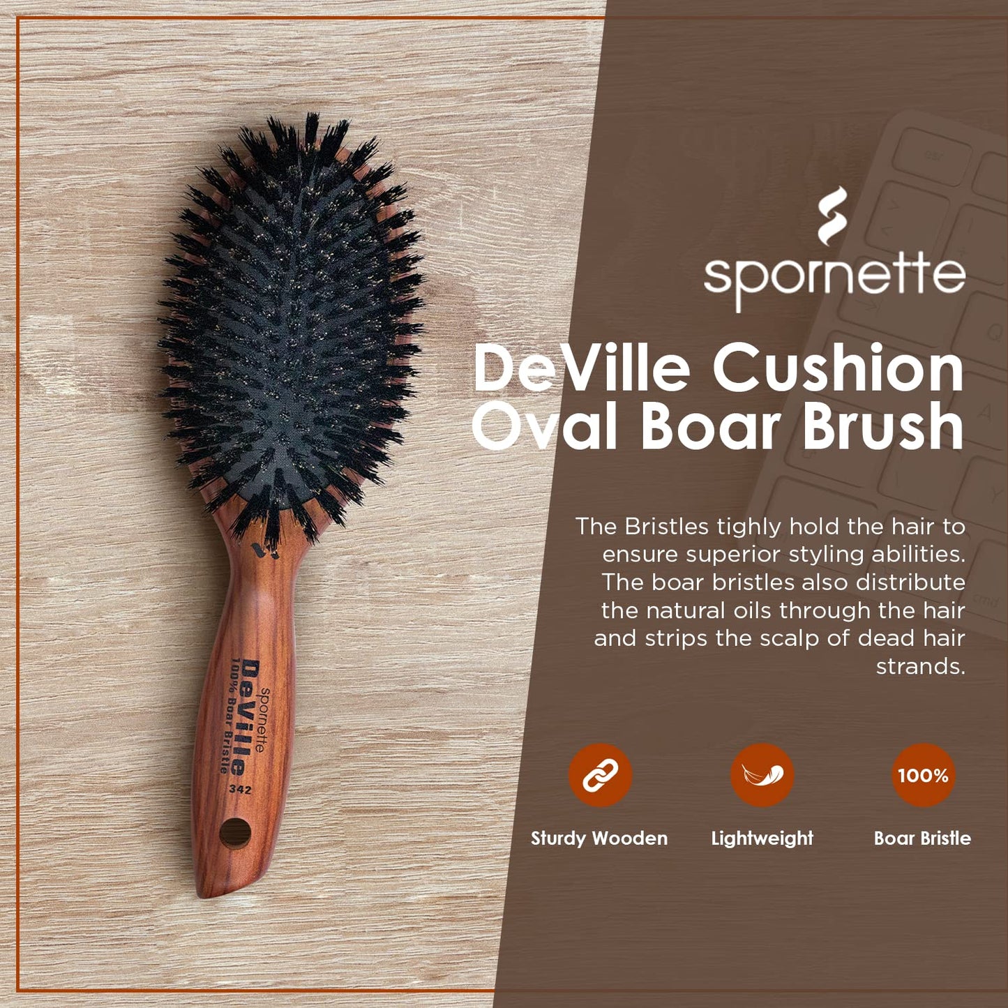 Spornette Deville Boar Bristle Paddle Hair Brush - Cushion Oval for Smoothing, Detangling & Blow Drying