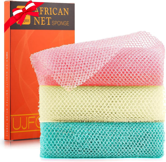 UJFQBH African Net Bath Sponge Set - Exfoliating Shower Scrubber for Smooth Skin | 3 Pieces in Pink, Green, Off-White