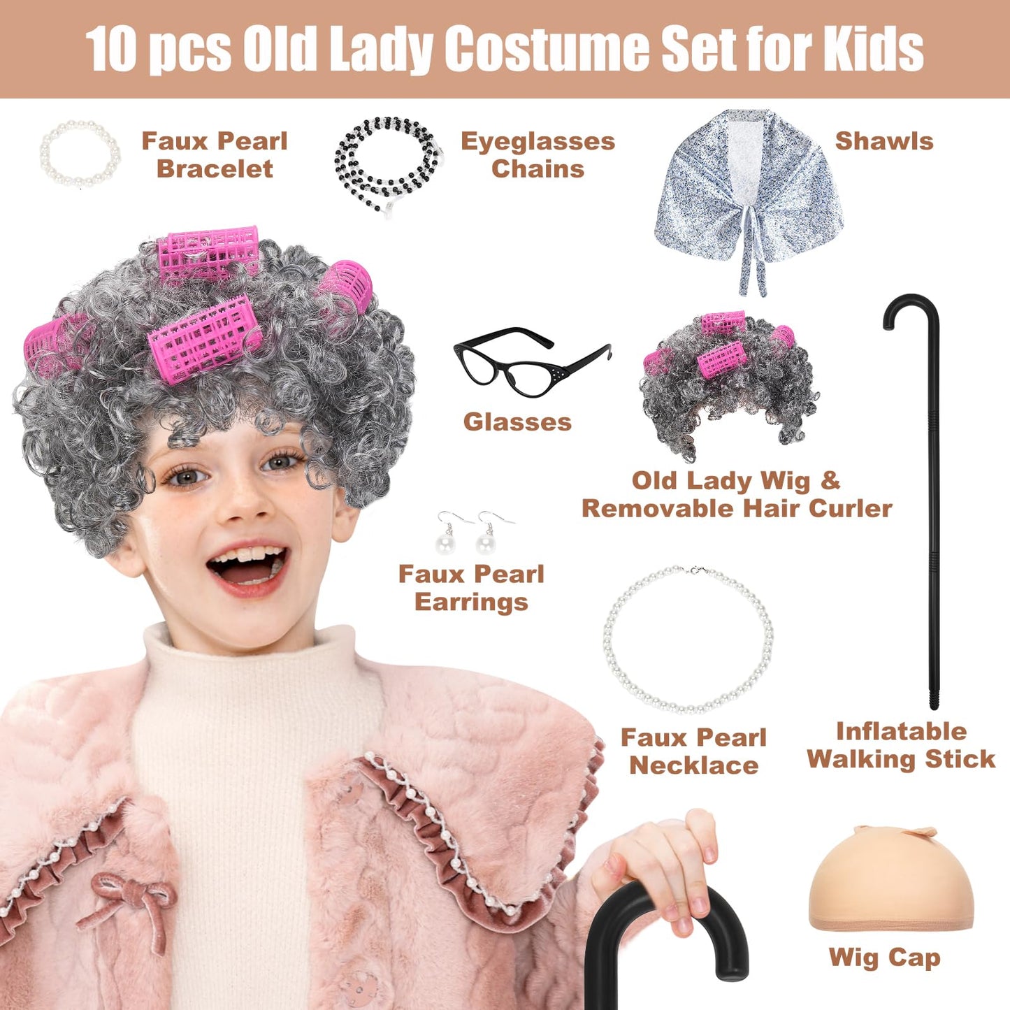 IEBIYO Old Lady Costume for Kids Granny Wig 100 Days of School Costume Set Girls Grandma Costume 10 Pcs Accessories for Halloween Cosplay