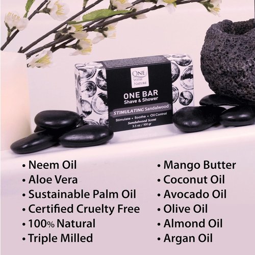ONE Bar Sandalwood 3.5 oz | All-in-One Shave, Shower & Shampoo for Face, Beard & Hair - Moisturizing Oils