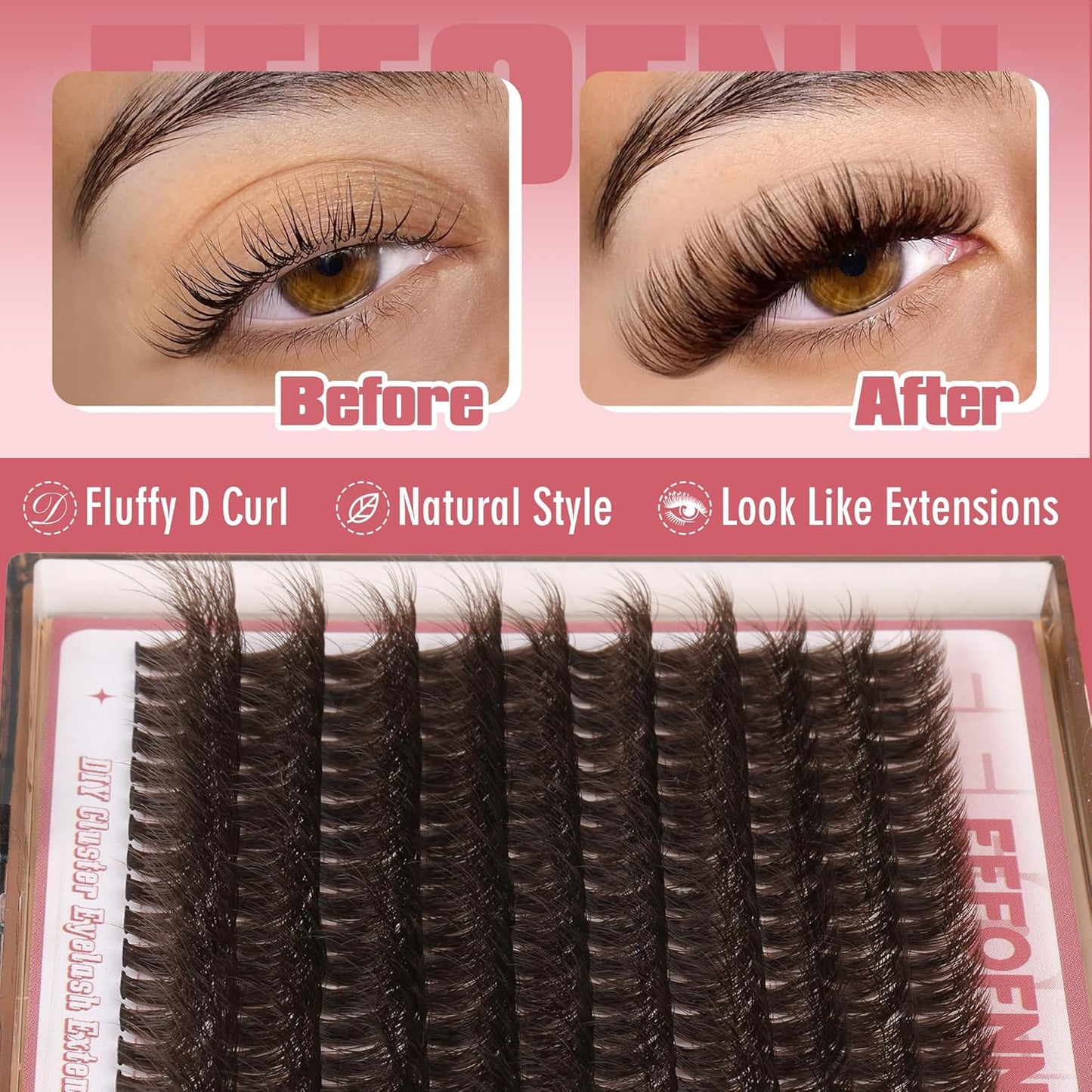 Eefofnn Brown Lash Clusters Natural Eyelash Extension Fluffy Brown Individual Lashes 10-18MM Wispy Cluster Eyelash Extensions 200 Pcs D Curl Brown Lash Extensions DIY at Home