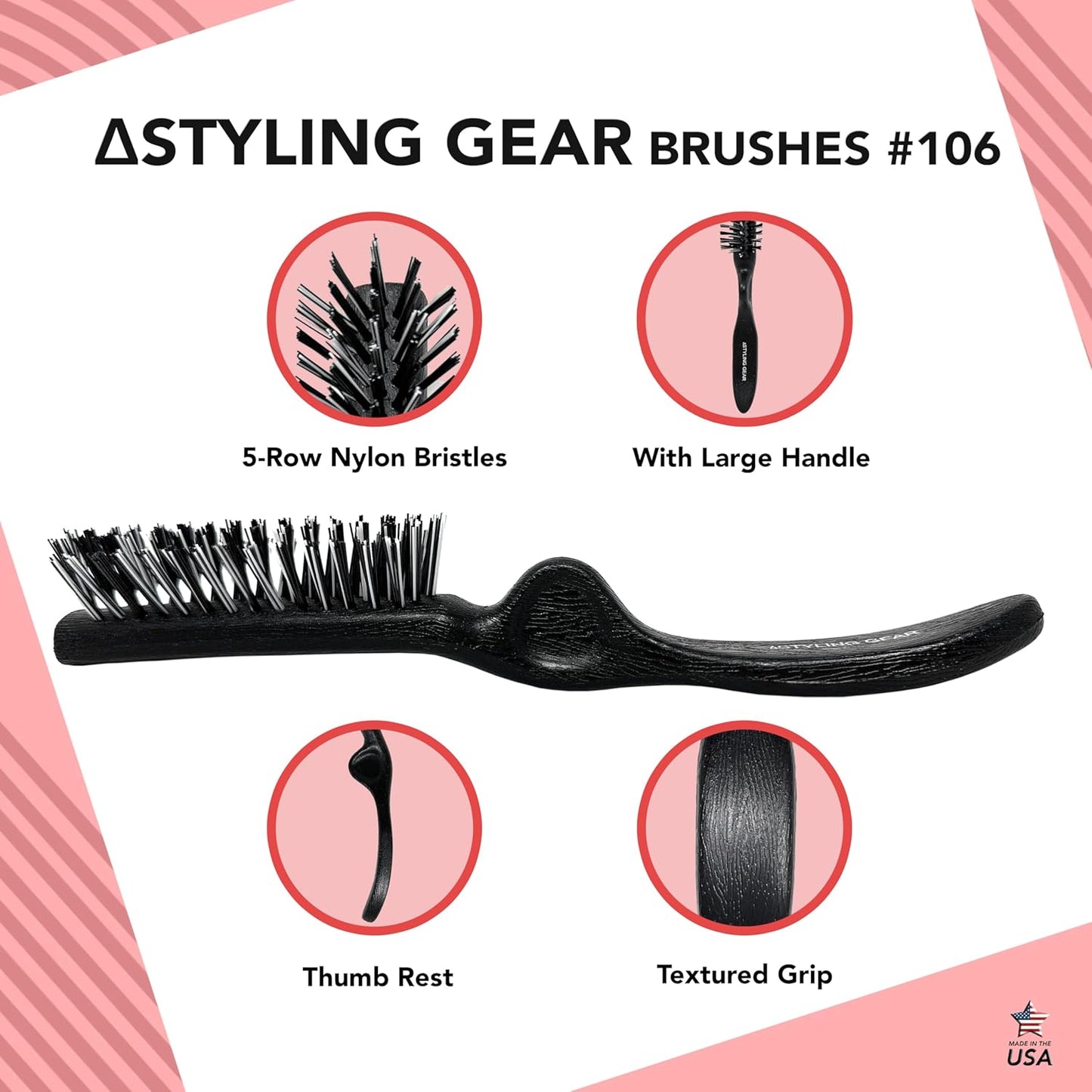 Styling Gear SG106 Hair Brush - 5 Row Slick Back & Teasing Brush for Effortless Styling | Black