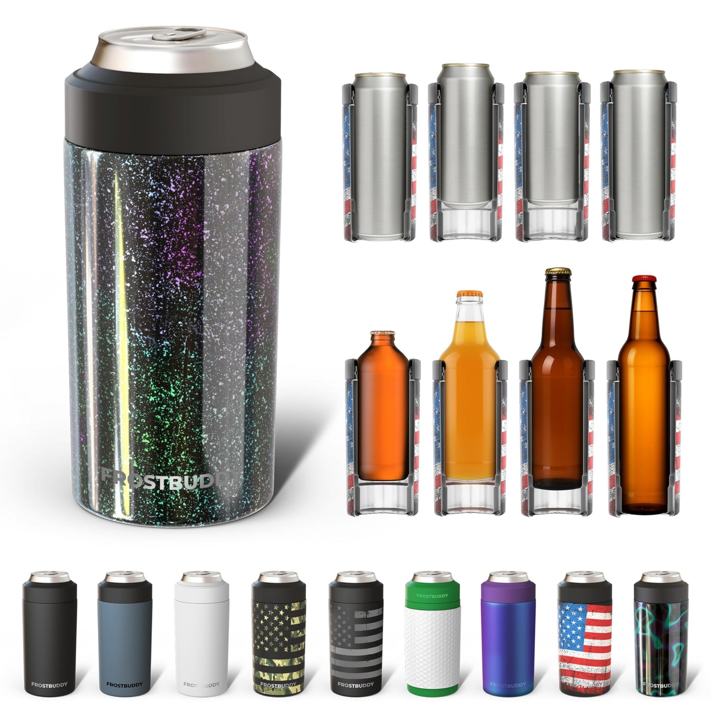 Frost Buddy Universal Buddy Can Cooler - Fits All - For Regular 12 & 16 oz or Slim-Size Bottles - Insulated Double -Walled Stainless Steel (All white)