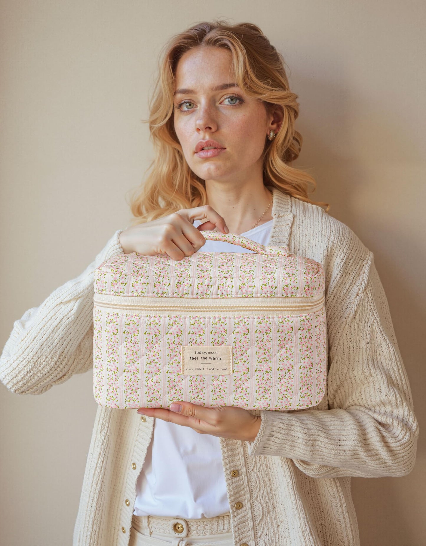 HBselect Quilted Makeup Bag, 3PCS Cotton Large Travel Makeup Bag, Cute Floral Coquette Make up Bag Cosmetic Bag Toiletry Bag for Women Girls