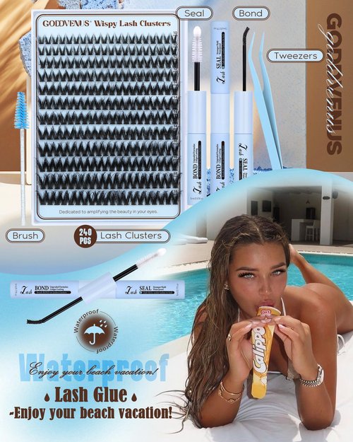 Goddvenus Fluffy Wispy Lash Clusters Kit Natural Eyelashes Clusters D Curl Cluster Eyelash Extensions Lightweight Individual Lashes DIY Eyelash Extension Kit with Waterproof Lash Cluster Glue