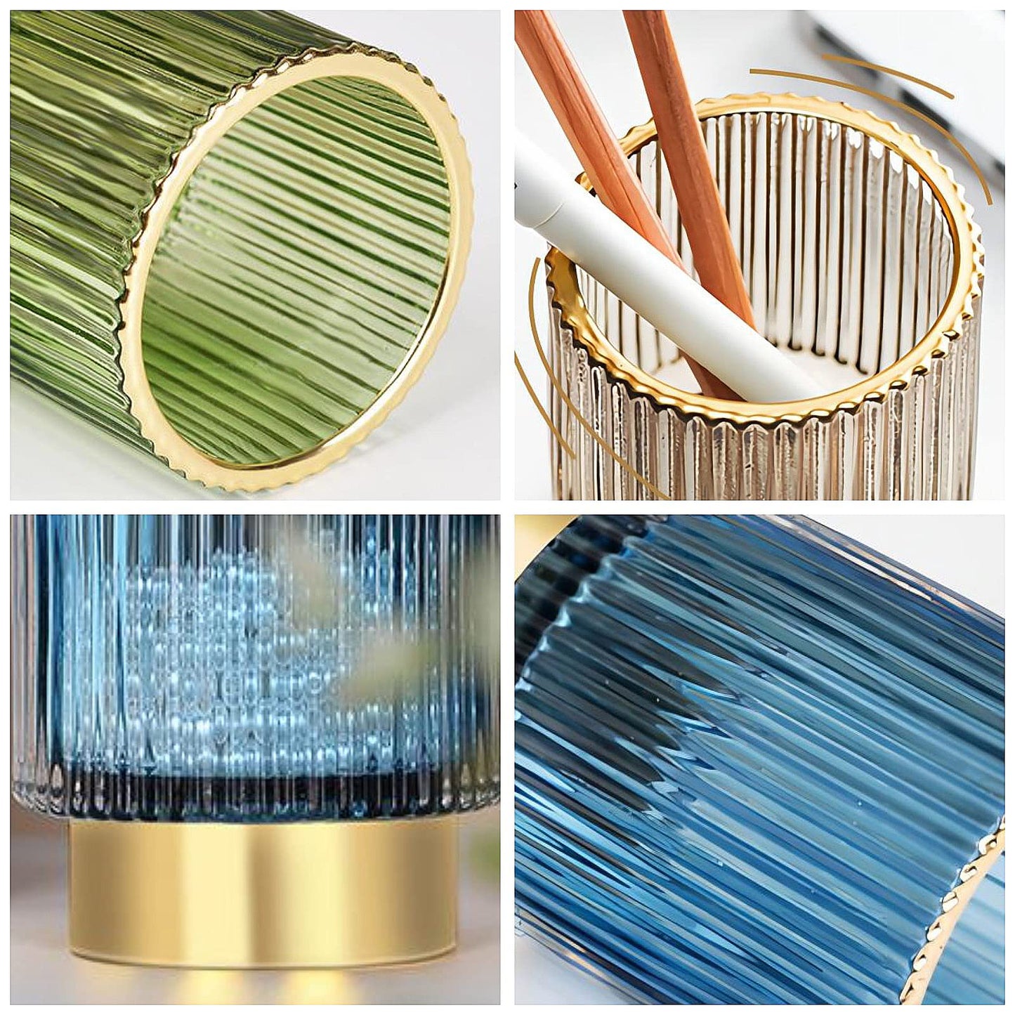 DASITON Makeup Brush holder Organizer,Crystal Cosmetic Makeup Brush Glass Brushes Storage Holder, Vintage Make Up Brush Cup Pen Pencil Holder striped vase(Blue L)