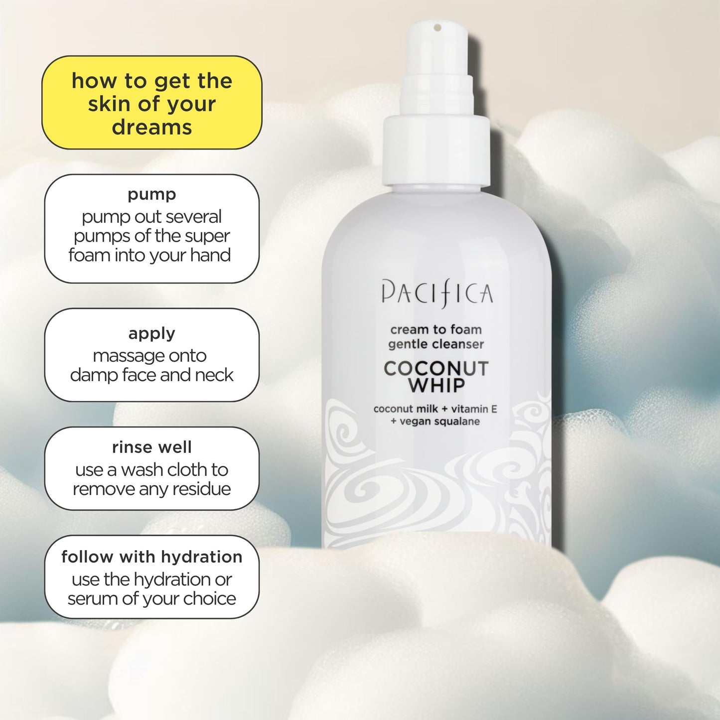 Pacifica Coconut Whip Cream to Foam Face Wash - Gentle Hydrating Facial Cleanser for Dry & Sensitive Skin, Moisturizing Daily Face Wash, Non-Comedogenic Vegan & Cruelty-Free, Dermatologist Tested 8oz