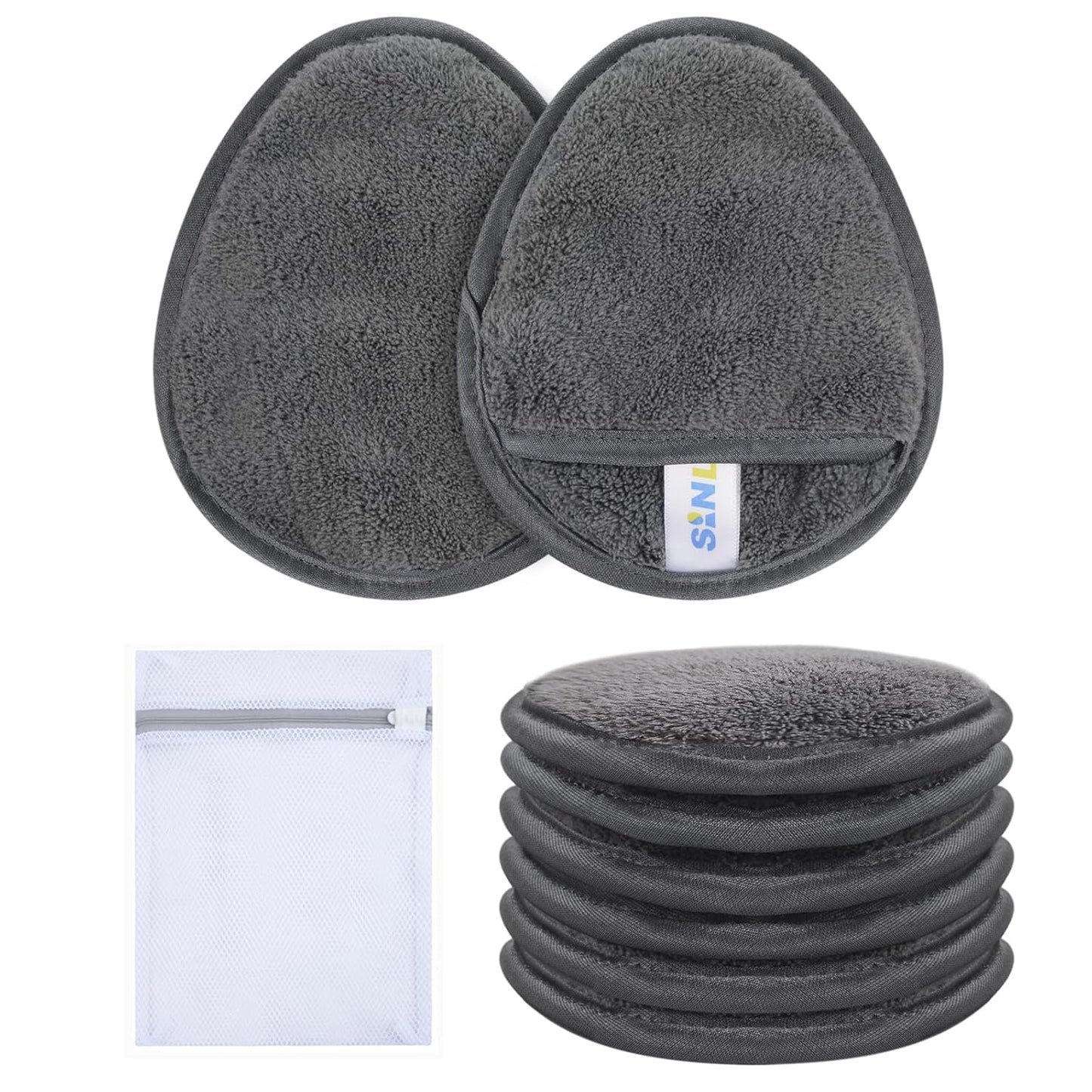 SINLAND Reusable Makeup Remover Pads - Gentle Microfiber Cleansing Cloths for All Skin Types | Grey, 6-Pack (5.1"x3.9")