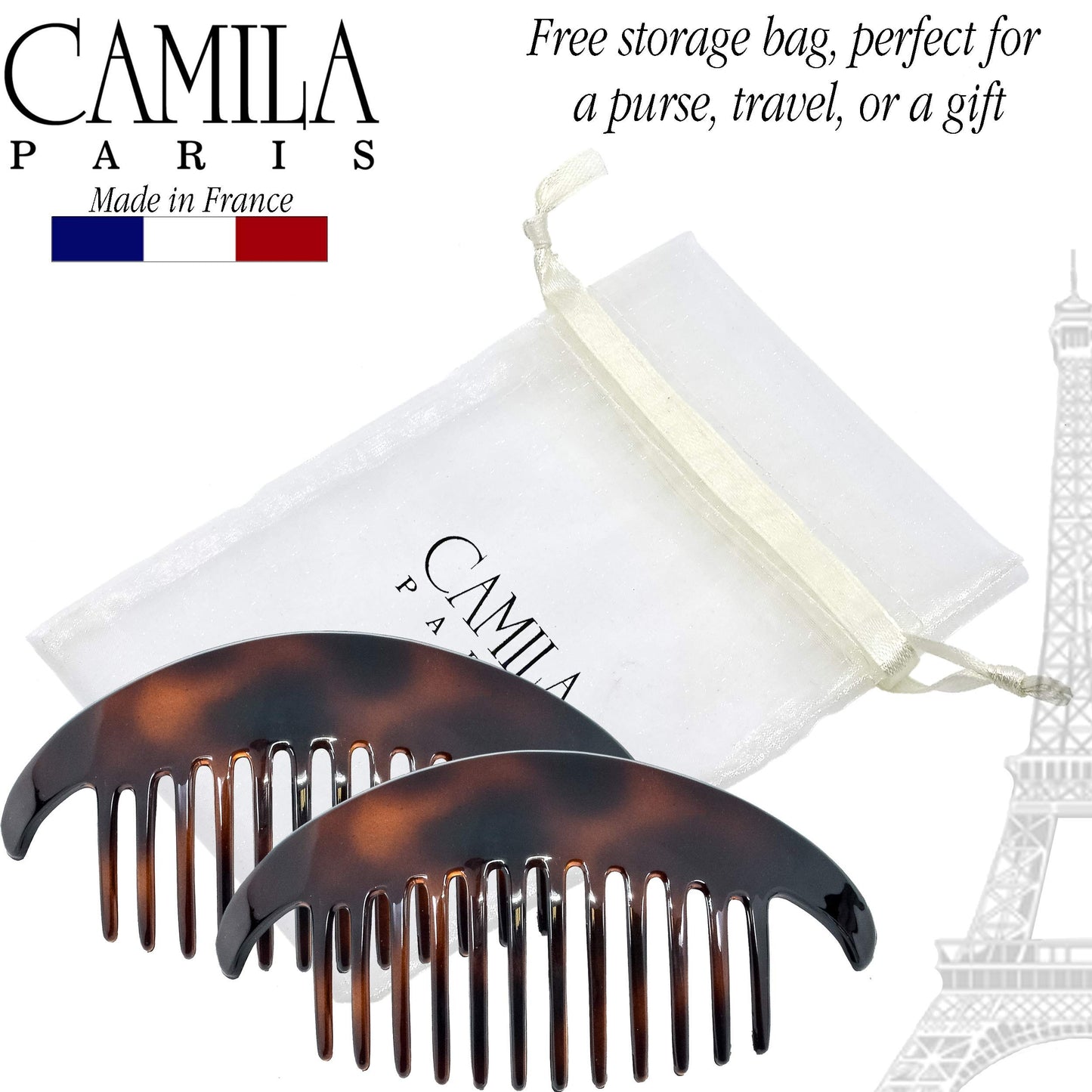 Camila Paris CP2430/2 French Hair Side Combs Tortoise Shell Interlocking Combs French Twist Hair Combs, Strong Hold Hair Clips for Women Bun Chignon Up-Do Styling Girls Hair Accessories Made in France