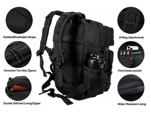 LHI Military Tactical Backpack for Men and Women 45L Army 3 Days Assault Pack Bag Large Rucksack with Molle System - Black