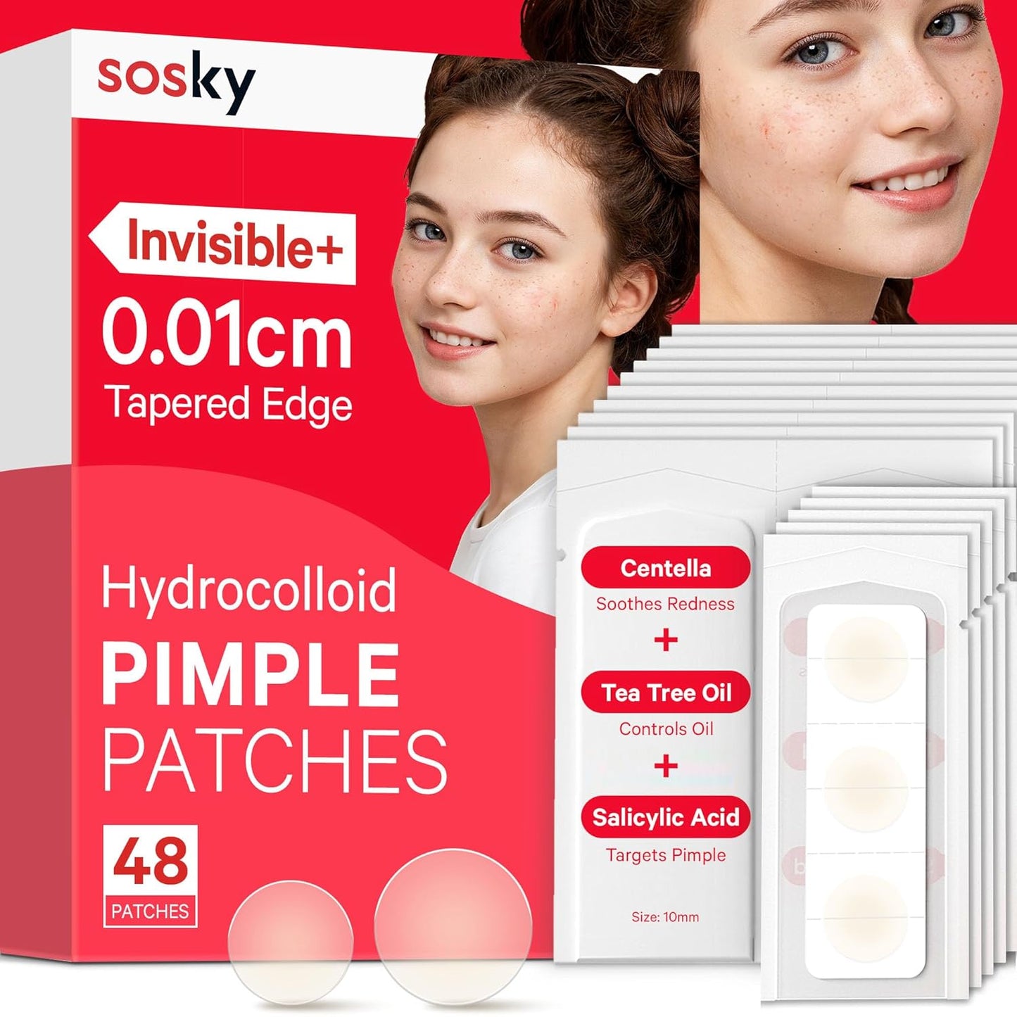 Sosky Pimple Patches - Invisible Hydrocolloid Acne Stickers with Salicylic Acid | 48 Count for Clear Skin