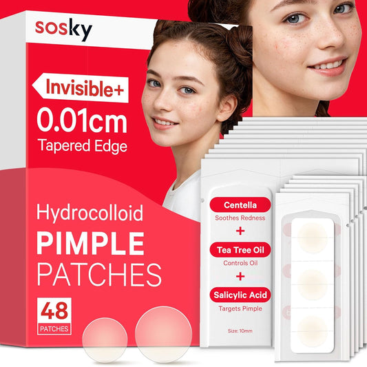 Sosky Pimple Patches - Invisible Hydrocolloid Acne Stickers with Salicylic Acid | 48 Count for Clear Skin
