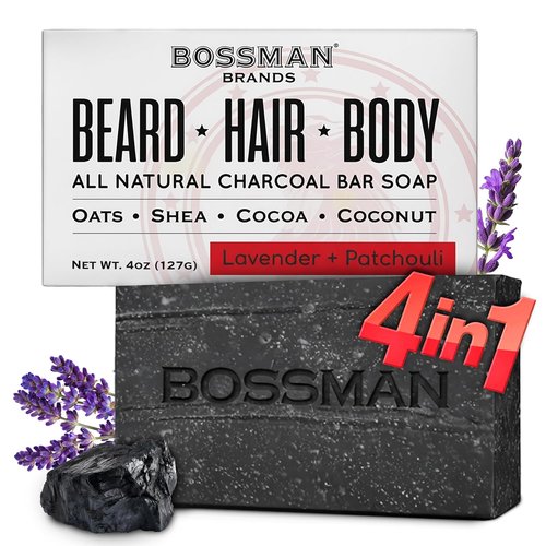Bossman 4-in-1 Charcoal Soap Bar - All-Natural Men's Beard Wash, Shampoo & Body Wash | 4 oz Lavender & Patchouli Scent