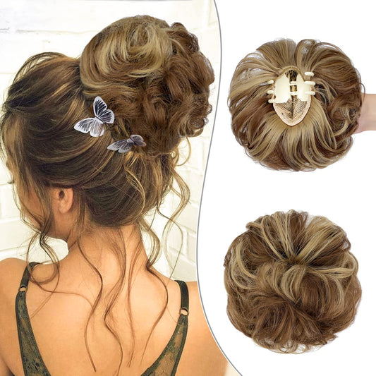 Wodelanle Claw Clip Messy Bun Hair Piece Wavy Hair Bun Curly Messy Bun Hair Piece Synthetic Tousled Updo Hair Extensions Ponytail Scrunchies Hairpieces for Women,Light Brown Mix Ash Blonde