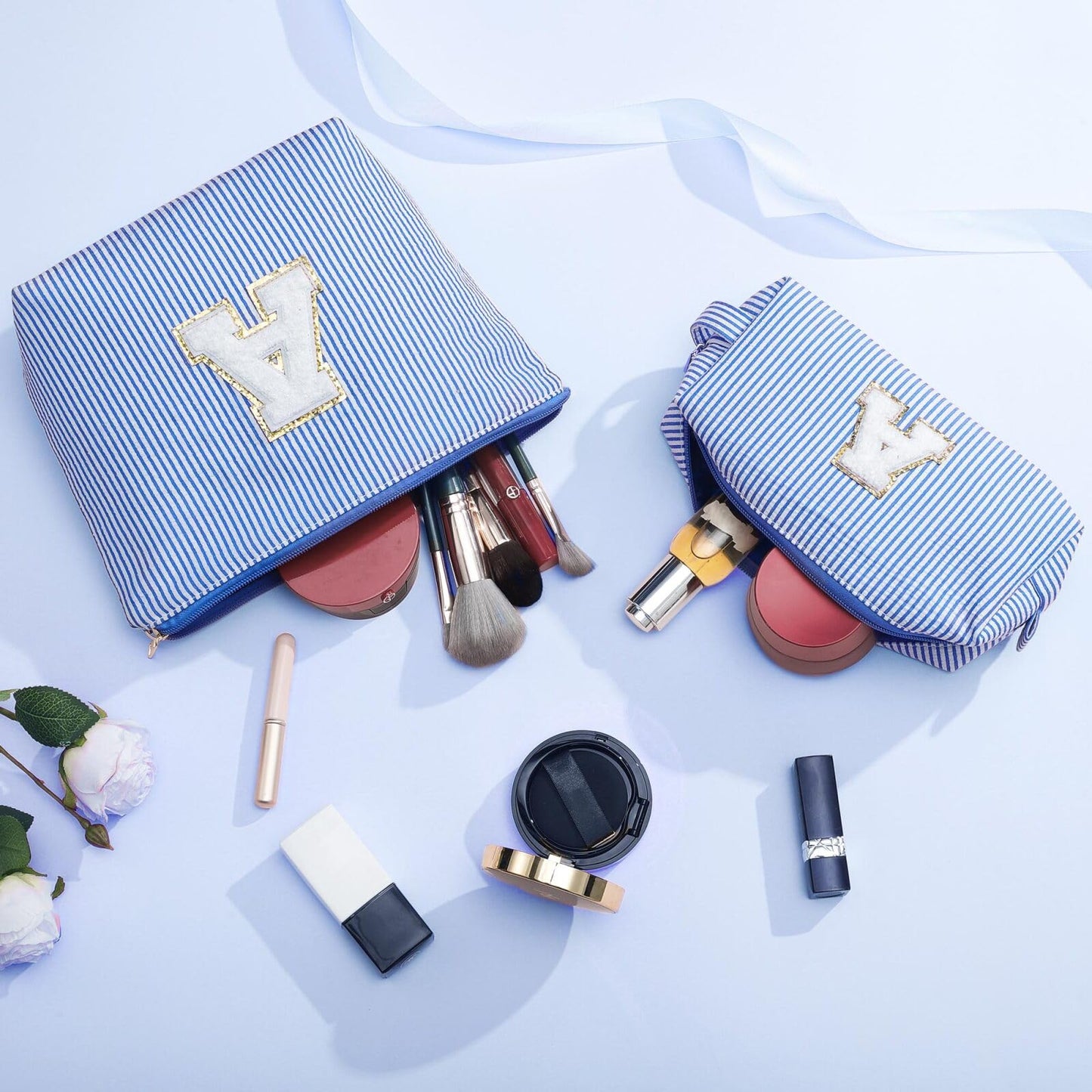 YOOLIFE Initial Makeup Bag Gifts - 2 Pieces Make Up Bag Makeup Pouch Travel Makeup Bag Cosmetic Bags for Women Makeup Organizer Bag Small Makeup Brush Bag Women Gifts Daughter Gifts for Women Letter V