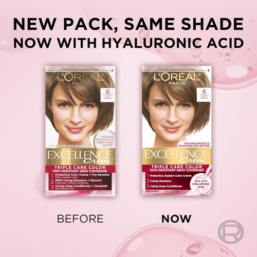 L'Oreal Paris Excellence Crème Permanent Hair Dye, Triple Care Hair Color with Hyaluronic Acid for 100% Gray Coverage, 6 Light Brown, 1 Kit (Packaging May Vary)
