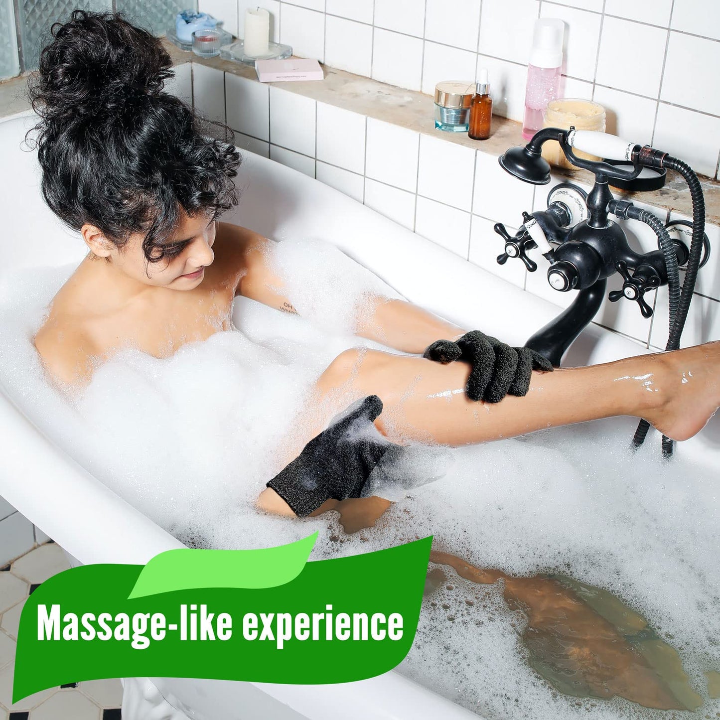 MIG4U Exfoliating Shower Gloves 2 Pairs, Bath Scrub Glove Medium to Heavy Body Dead Skin Removal, Deep Exfoliate Sponge Loofah for Women and Men, Black