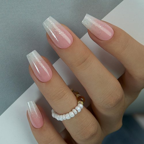 Curvlife Bling Coffin Press on Nails Short Square Acrylic Fake Nails with Apricot Design Full Cover False Nails Glossy Gradient Artificial Stick on Nails for Women(Gradient Nude White)