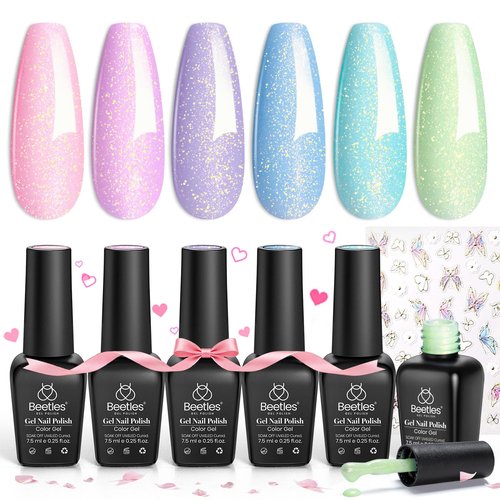 Beetles Spring Gel Nail Polish Set - 6 Colors Shimmer Pink Green Purple Glitter Blue Glitter Mermaid Pastel Nail Gel Drawing Soak Off Uv Led Needed with Pastel Sticker Gift for Women