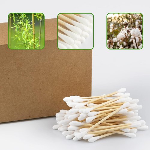 Bamboo Cotton | Organic Cotton Swabs - 400 Count Double-Headed Ear Buds for Travel & Makeup Removal