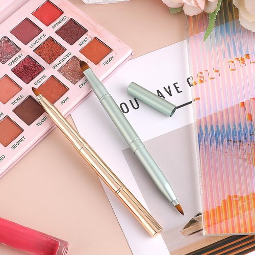 2 Pack Lip Brush for Lipstick Retractable with Cap, Double-Ended Lip Makeup Brushes Retractable Lip Gloss Lipstick Brush Applicator Travel Gold Green